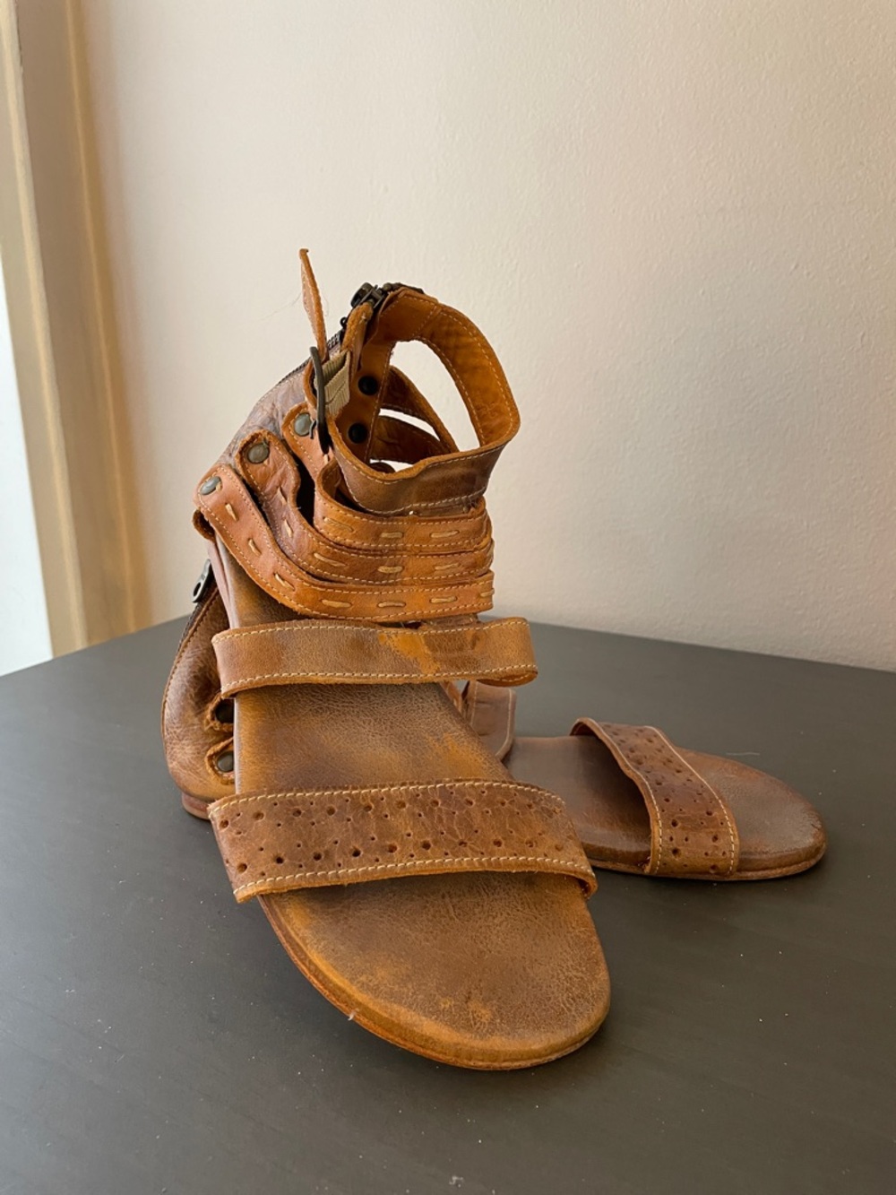 Bed Stu Brown Leather Strappy Flat Sandals